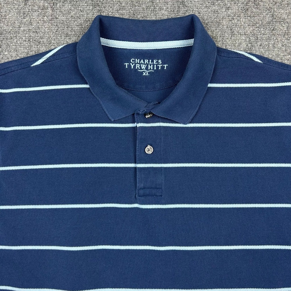 Charles Tyrwhitt Polo Shirt Mens XL Navy Blue Striped Cotton Pique Short Sleeve